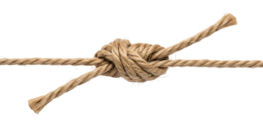 Close-up shot of a brown rope tied in a knot, showing the texture and detail against a white background.