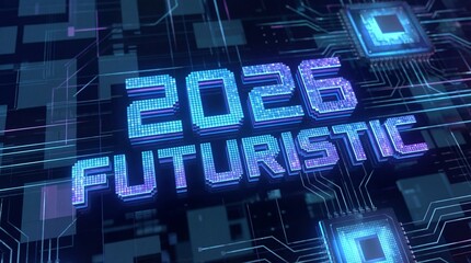 Futuristic circuit board with 2026 text in neon blue and purple hues