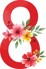 Number eight decorated with colorful flowers and leaves on white background