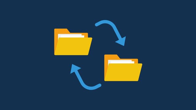 Data synchronization animation with folders and arrows