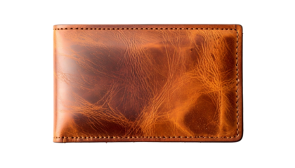 Overhead shot of a glossy brown leather wallet with visible texture and stitching detail