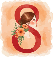 Woman s face in profile surrounded by large red number eight and flowers