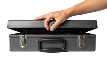 A person's hand opening a gray briefcase, revealing its contents, isolated on white.