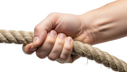 Close-up of a hand gripping a thick, textured rope, emphasizing strength and effort.