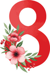 Large red number eight decorated with pink flowers and green leaves
