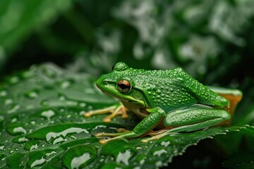 Naklejka premium Vibrant green frog enjoying a moment of tranquility on a lush, wet leaf in a tropical rainforest setting