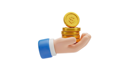3D Cartoon Hand Holding Stack of Golden Coins