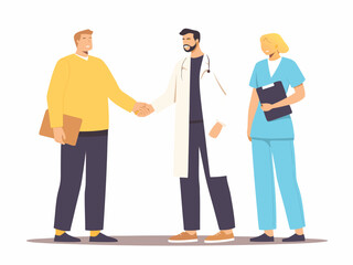 Medical professionals greeting a patient with a handshake and friendly discussion © Sampad