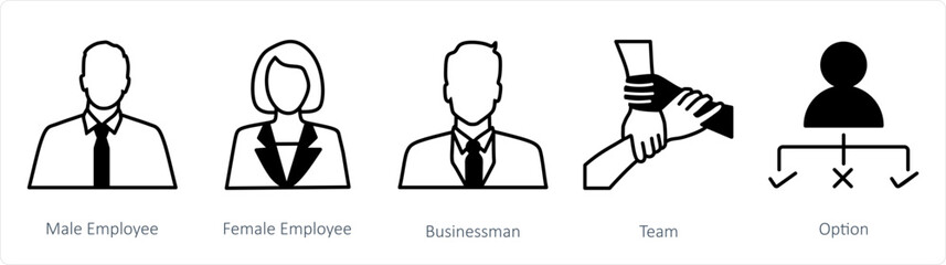 Obraz premium A set of 5 business icons as male employee, female employee, businessman