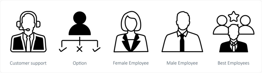 A set of 5 business icons as customer support, option, female employee