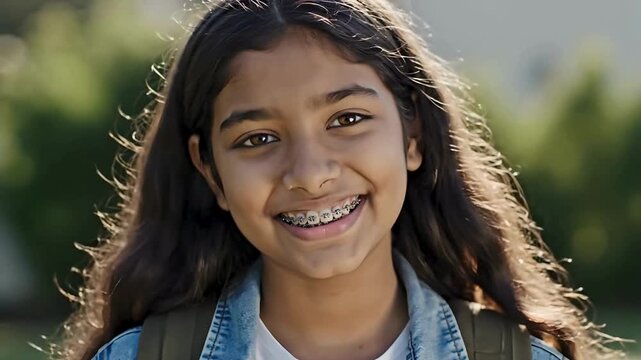 Happy teenage girl with dental braces smiling outdoors wearing denim jacket