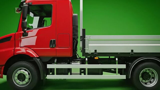 A bright red flatbed truck is showcased in a studio setting against a vivid green background.