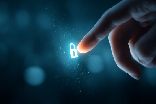 Human finger pressing a glowing restricted access icon on a digital interface, representing denied access and permission control.