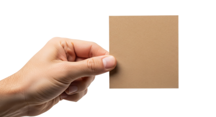 Hand holding a blank beige card isolated on transparent background