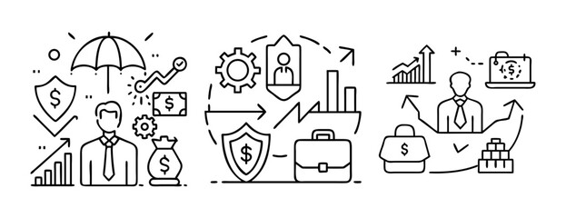 Obraz premium Financial planning, investment, and business growth outline icons set.