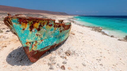 Rusty boat on sandy beach with clear blue water and distant hills