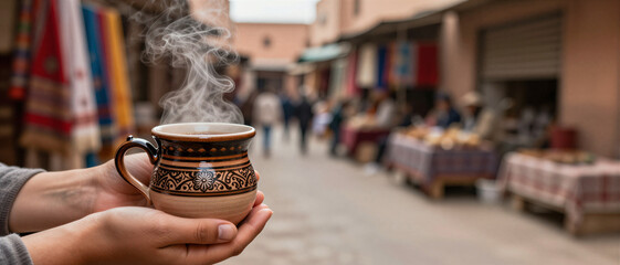 Hands of an adult woman traveler holding a steaming traditional ceramic mug in a vibrant blurred outdoor marketplace. Cultural travel.