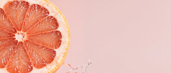 Close up view of a sliced half grapefruit with fresh juice splashing against a soft pink background for healthy nutrition and summer refreshment.