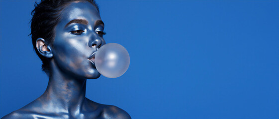 Young adult woman with metallic blue body paint blowing a large bubble against a vibrant blue background. Artistic fashion and futuristic beauty concept.
