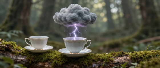 Surreal miniature storm cloud with lightning and rain pouring into a white porcelain teacup on a mossy log in a lush green forest. Tempest in a teapot.