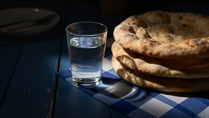 Fresh flatbread stack and a glass of water on a blue checkered napkin over a rustic dark wooden table. Lent fasting or religious observance.