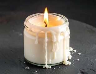 Lit candle in a glass jar, melting wax on stone