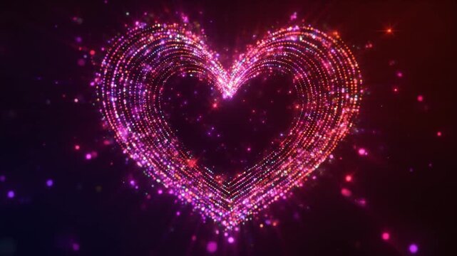 Glowing multicolored heart made of concentric dots on dark background