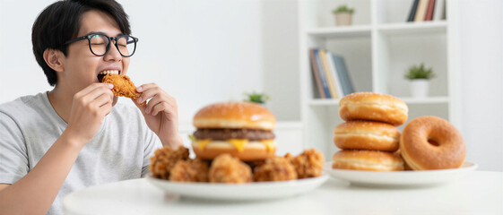Young man with glasses eating fried chicken with a hamburger and donuts on the table, representing fast food addiction and unhealthy lifestyle choices.