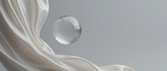 A clear glass sphere floating over flowing white silk fabric against a grey background. Concept of minimalist luxury and elegance.