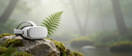White virtual reality headset resting on a mossy rock in a lush misty forest setting. Concept of sustainable digital travel and nature exploration.