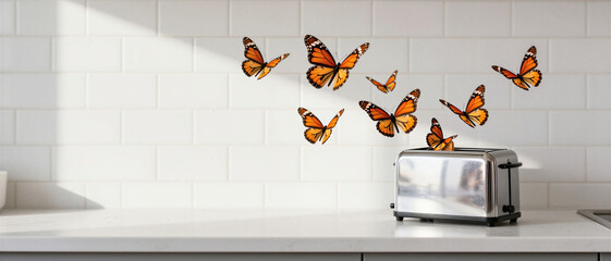 Orange monarch butterflies emerging from a stainless steel toaster on a white kitchen countertop. This visual captures concepts of transformation and morning inspiration.