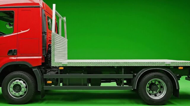 A bright red flatbed truck photographed against a solid green background