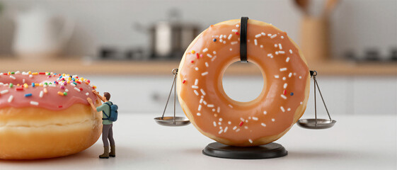 Miniature adult male traveler examining a large pink glazed donut next to a donut acting as a food scale in a bright kitchen. National Donut Day.