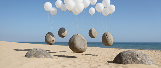 Large grey stones floating above a sandy beach suspended by white balloons under a clear blue sky and calm sea. Concept of weightlessness and freedom.