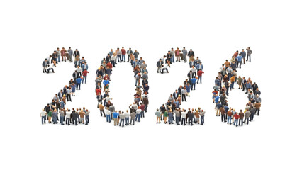 Tiny people forming the number 2026 on white background
