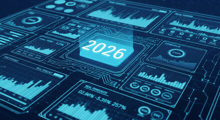 2026 digital technology background with blue futuristic HUD interface and glowing chip