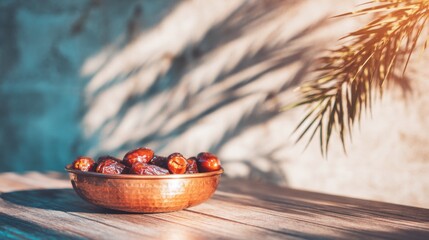 Bowl of dates on a wooden table with palm shadows in the background