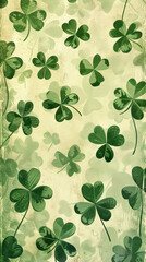 Green clover leaves background with three-leaved shamrocks. Saint Patrick's day, St Paddy's Day - Irish National holiday. Full frame.