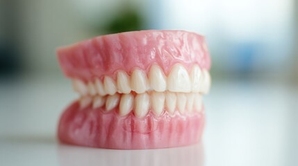Fototapeta premium Dentures placed on a table in a bright room during daylight hours