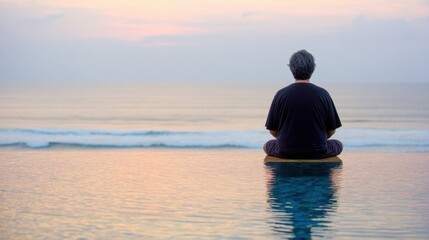 Man sitting on edge of pool by ocean during sunset near calm water