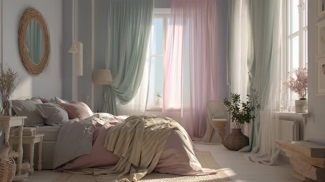 A bedroom with a white bed, pink and blue curtains, and a white dresser. Pastel bedroom interior, soft fabrics, uncluttered layout, serene soothing atmosphere, pastel quiet interior style