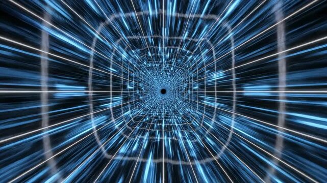 Flying quickly through an endless digital tunnel formed by repeating blue glowing wireframes and white grid lines in a virtual space science fiction, futuristic, structure