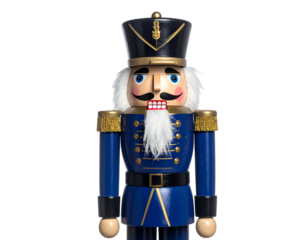 A wooden, traditional soldier nutcracker with blue uniform and gold accents, on black
