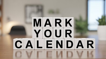 Reminder concept with white blocks spelling out mark your calendar on a wooden desk in a bright office environment with soft bokeh background