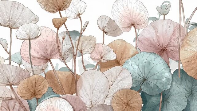A beautiful arrangement of various colored flowers, each with its own unique size. Pastel botanical line art with subtle color wash, light and fresh atmosphere, pastel hand drawn flower style