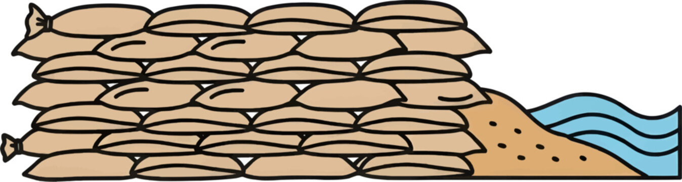 A detailed vector of a sandbag wall acting as a levee against rising water and waves. Represents civil engineering and flood defense measures.