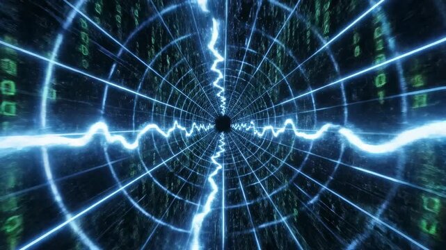 Flying through a vibrant digital data tunnel with pulsating blue and cyan neon grid lines in an endless matrix background loop sci-fi, endless, clean