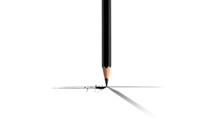 A graphite pencil, vertically positioned, sketching two lines on a black background