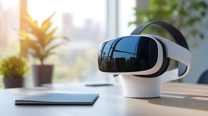 A white and black virtual reality headset on a stand on a desk in an office with a laptop and plants in the background with natural light