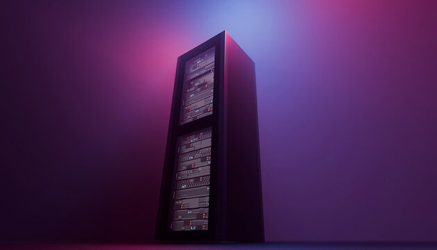 Tall server rack with colorful gradient lighting representing cloud computing